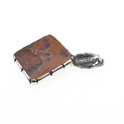 925 Sterling Silver Vintage Real Crazy Lace Agate Dragon Oxidized Slide Pendant