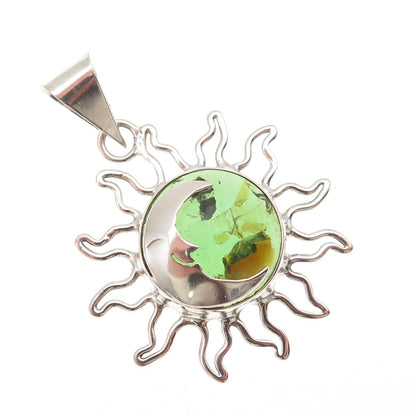 925 Sterling Silver Vintage Mexico Real Green Amber Eclipse Charm Pendant
