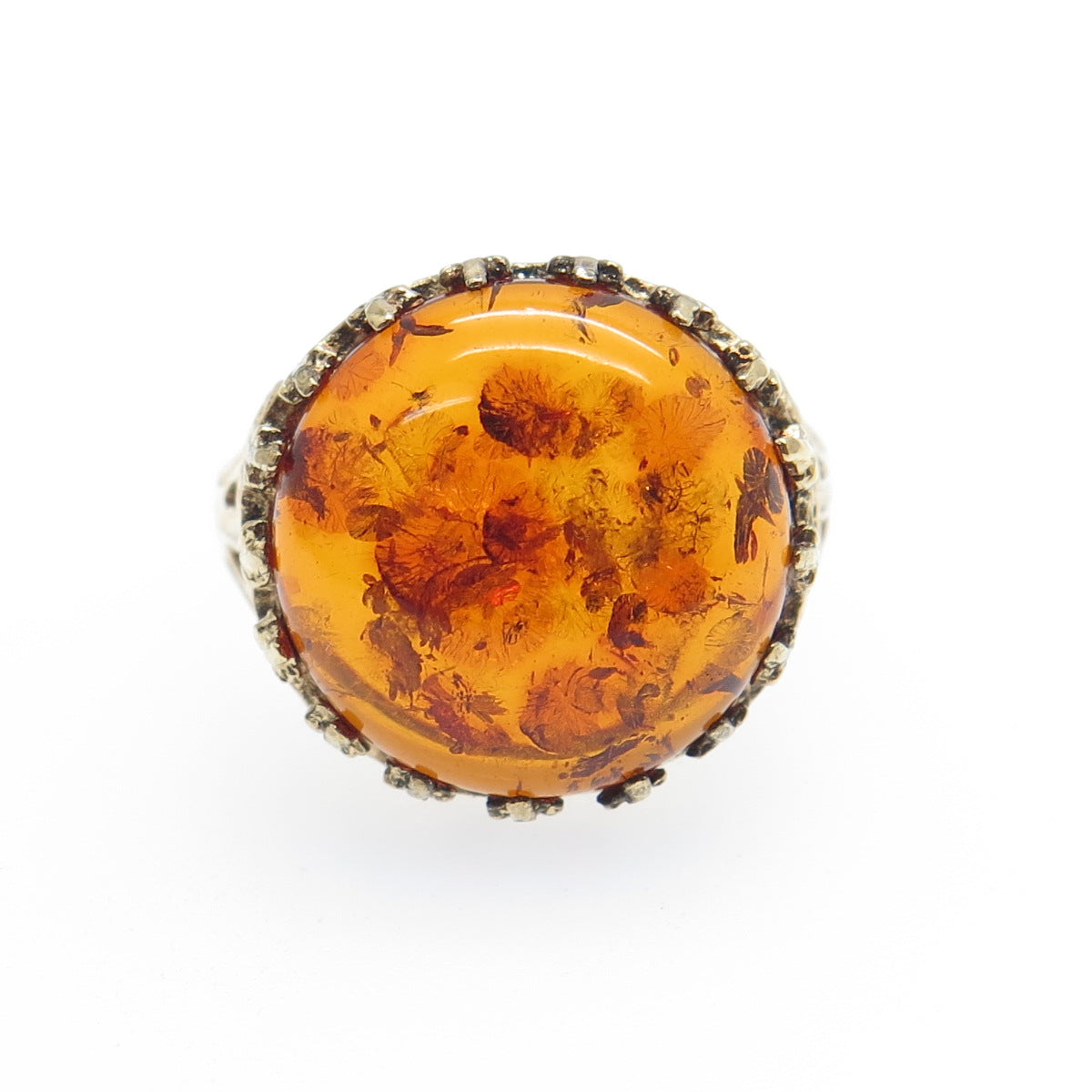 925 Sterling Silver Gold Plated Real Amber Crown Ring Size 6.25