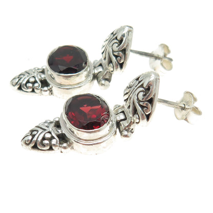 925 Sterling Silver Vintage Real Red Garnet Swirl Heart Earrings