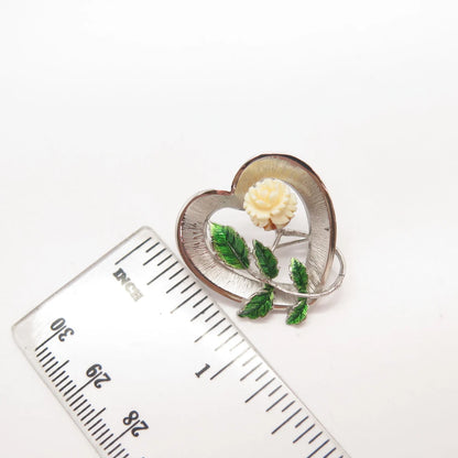 925 Sterling Silver Vintage BEAU Enamel Rose Floral Striped Heart Pin Brooch