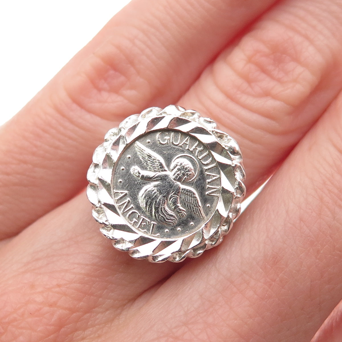 925 Sterling Silver Vintage Guardian Angel Coin Oxidized Ring Size 5.5