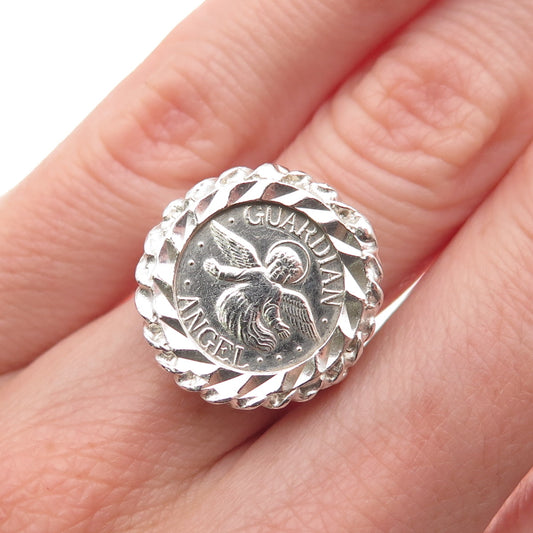 925 Sterling Silver Vintage Guardian Angel Coin Oxidized Ring Size 5.5