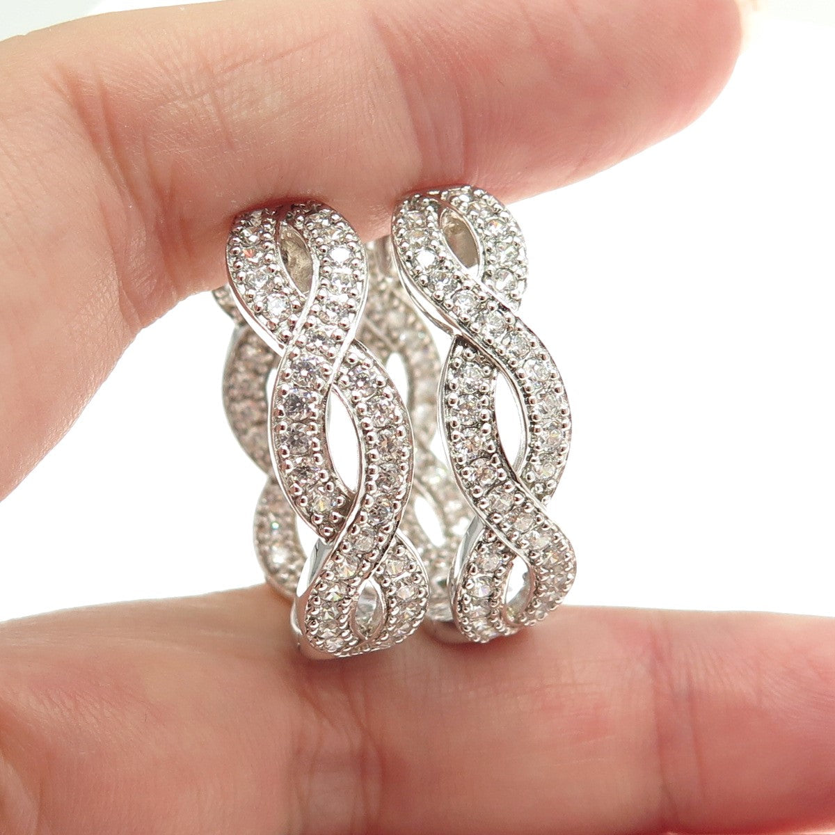 ROSS SIMONS 925 Sterling Silver Pave C Z Braided Huggie Earrings