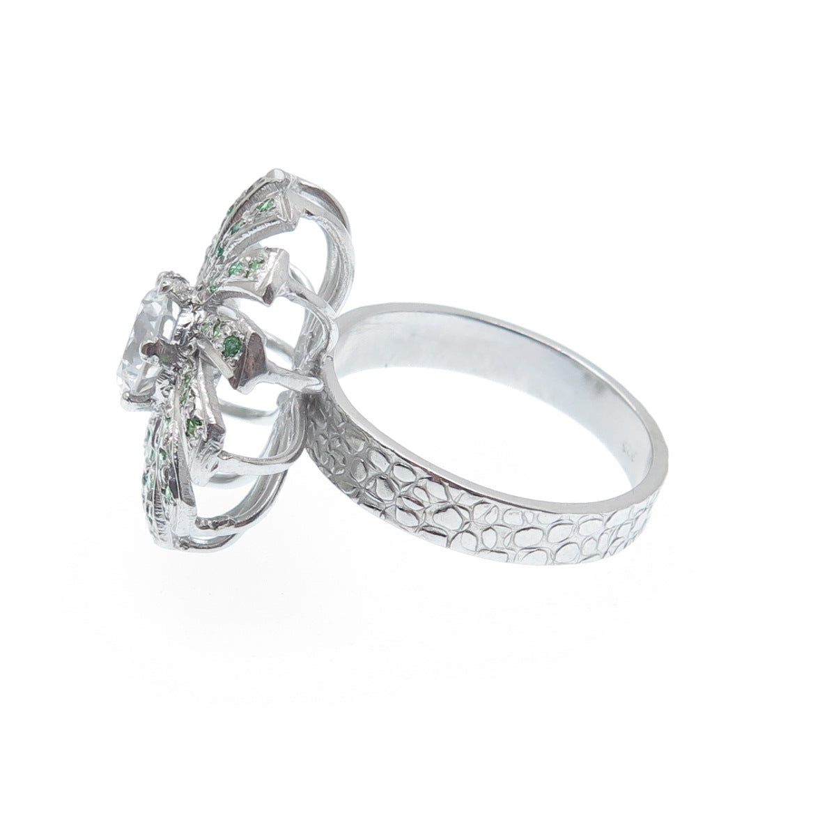 925 Sterling Silver Round-Cut Tsavorite & White C Z Modernist Flower Ring Size 8