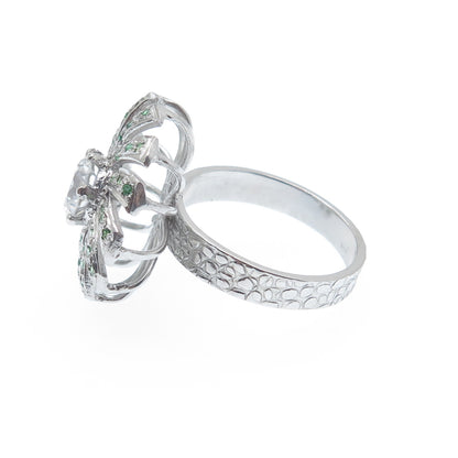 925 Sterling Silver Round-Cut Tsavorite & White C Z Modernist Flower Ring Size 8