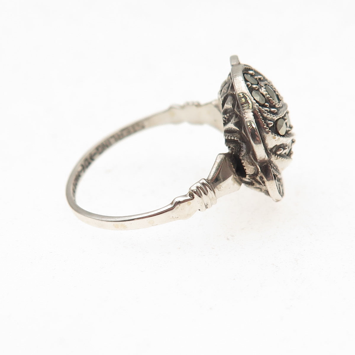 Uncas Sterling Silver Antique Art Deco Real Marcasite Rose Flower Ring Size 7