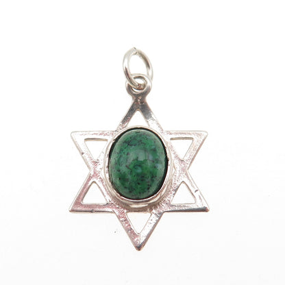925 Sterling Silver Vintage Green Glass Star of David Charm Pendant