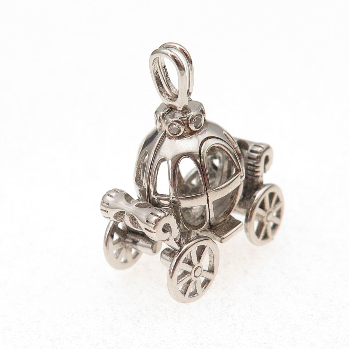 925 Sterling Silver Vintage C Z Cinderella Pumpkin Carriage Open Cage Pendant
