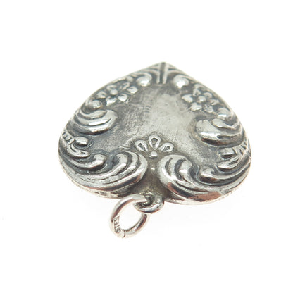 925 Sterling Silver Antique Art Deco Repousse Heart Chatelaine Charm Pendant