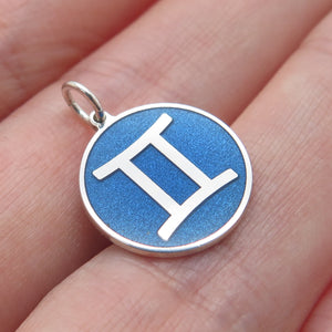 925 Sterling Silver Blue Enamel Gemini Zodiac Sign Minimalist Charm Pendant