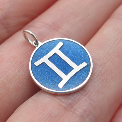925 Sterling Silver Blue Enamel Gemini Zodiac Sign Minimalist Charm Pendant