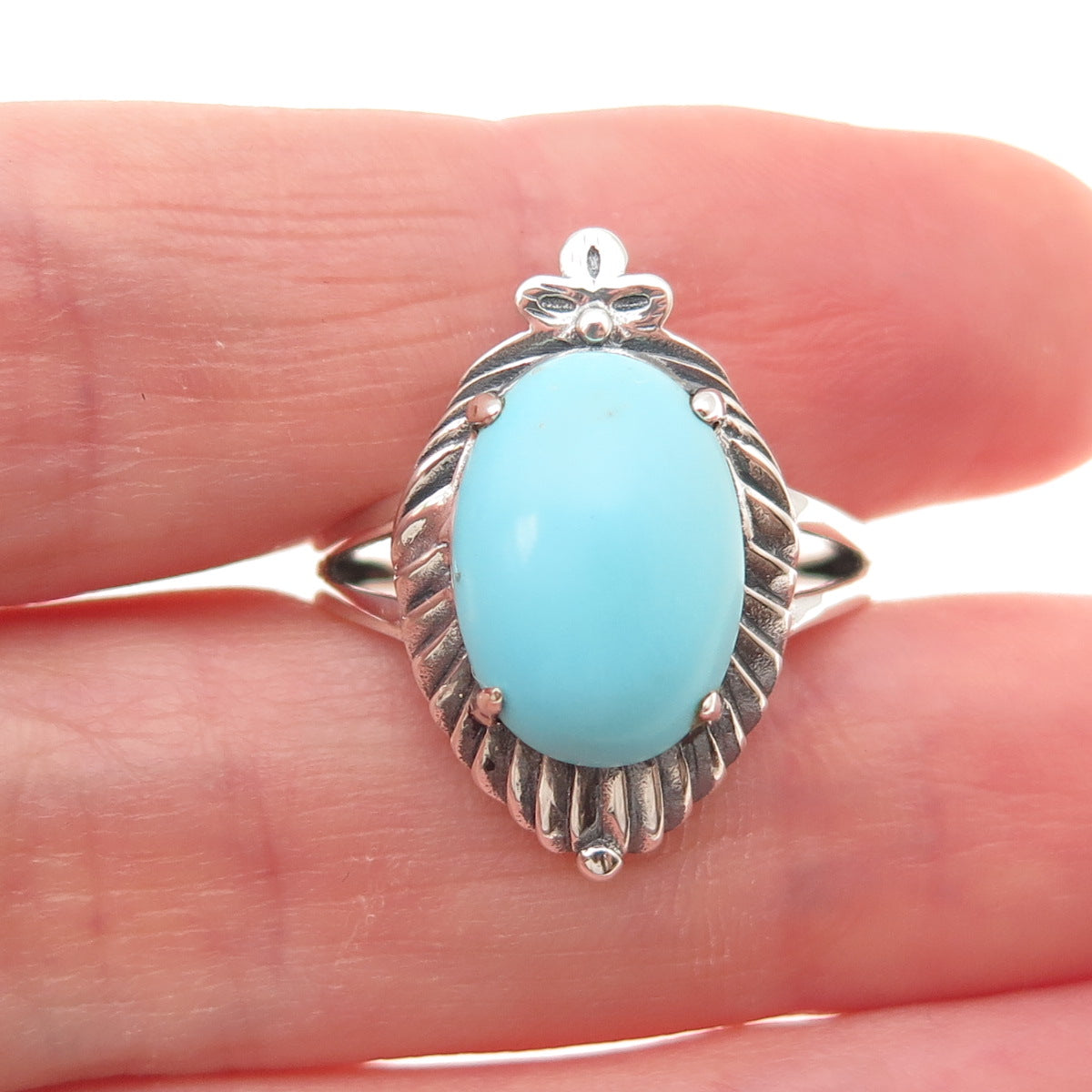 925 Sterling Silver Real Tyrone Turquoise Floral Oxidized Ring Size 8