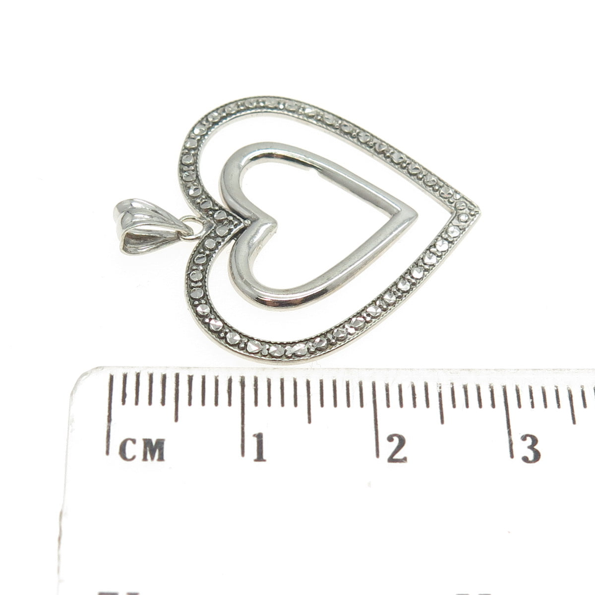 925 Sterling Silver Vintage Dotted Double Heart Pendant