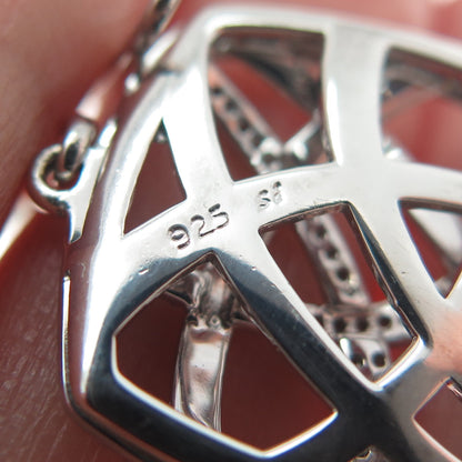 925 Sterling Silver Real Round-Cut Diamond Modernist Ornate Dangle Earrings