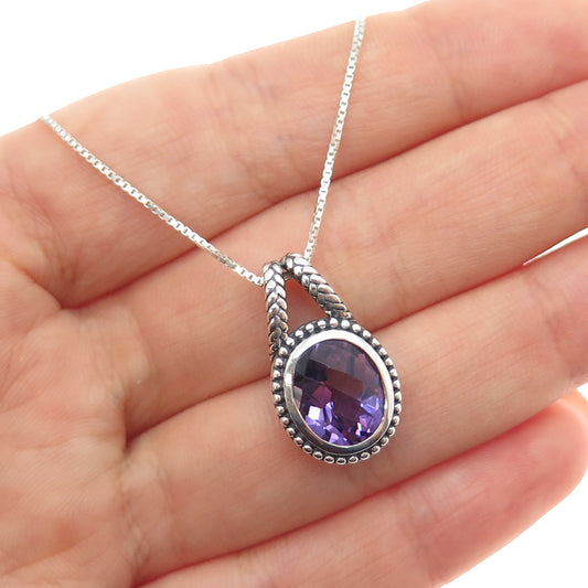 SIRI 925 Sterling Silver Vintage Real Amethyst Box Chain Necklace 18"
