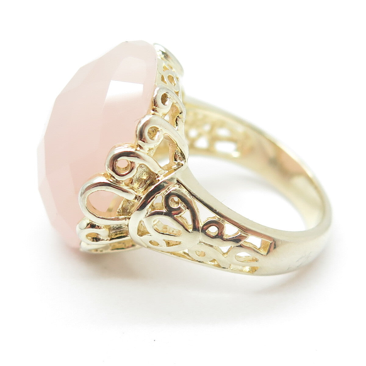 925 Sterling Silver Gold Plated Checkered Rose Quartz Ornate Ring Size 6.25