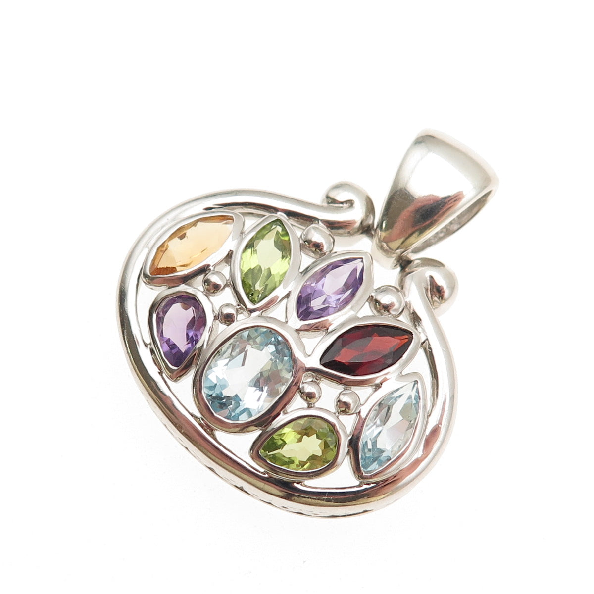 925 Sterling Vintage Real Blue Topaz Peridot Amethyst Citrine Red Garnet Pendant