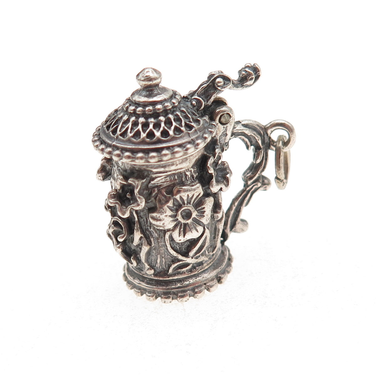 Beau 925 Sterling Silver Antique Art Deco Beer Stein Oxidized Charm Pendant
