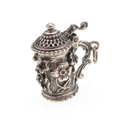 Beau 925 Sterling Silver Antique Art Deco Beer Stein Oxidized Charm Pendant