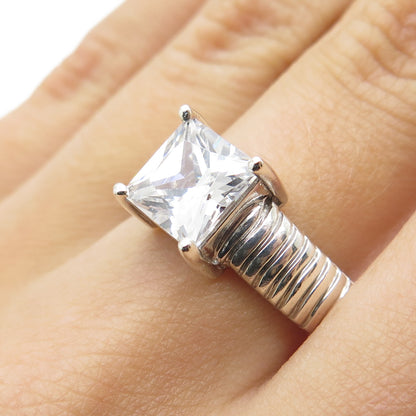 925 Sterling Silver Vintage Princess-Cut C Z Ribbed Ring Size 7.25