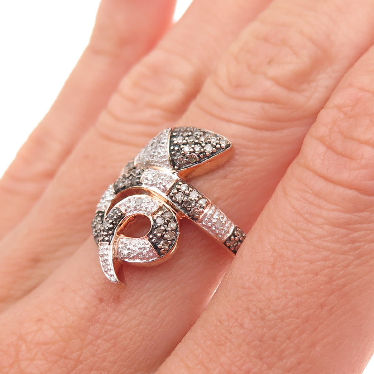 925 Sterling Silver Gold Plated Black Rhodium Real Diamond Snake Ring Size 7