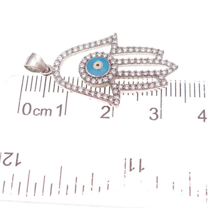 925 Sterling Silver Enamel & C Z Evil Eye Hamsa Amulet Charm Pendant