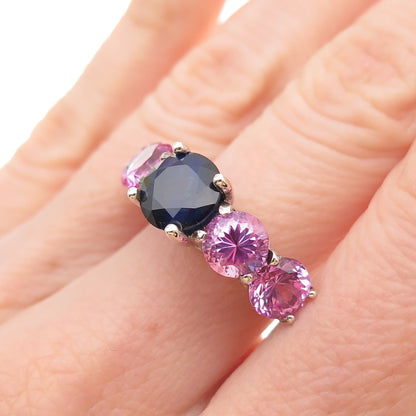 925 Sterling Silver Lab-Created Blue & Pink Sapphire Ring Size 5.75