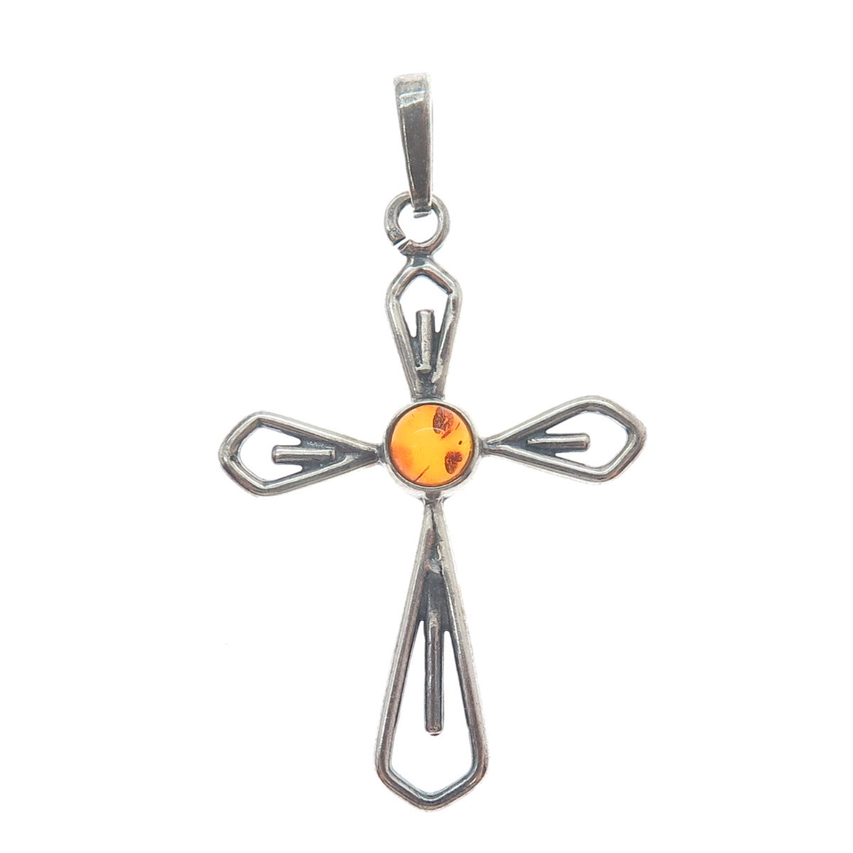 925 Sterling Silver Vintage Real Amber Cross Oxidized Charm Pendant