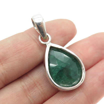 925 Sterling Silver Vintage Real Pear-Cut Emerald Teardrop Pendant