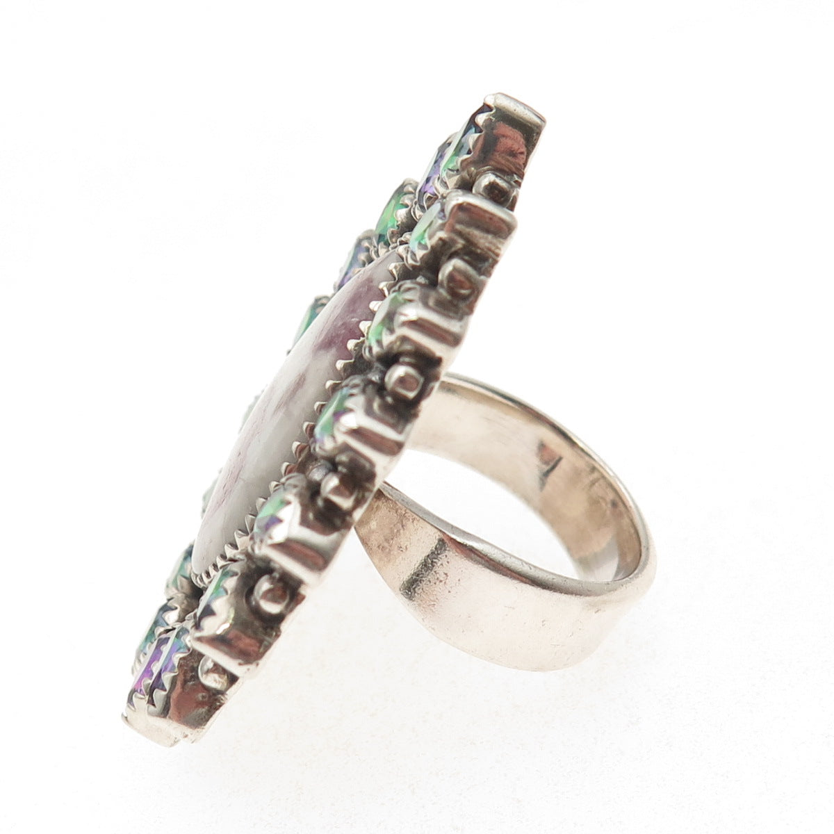 925 Sterling Vintage Real Pink Tourmaline & Mystic Topaz Adjustable Ring Size 8