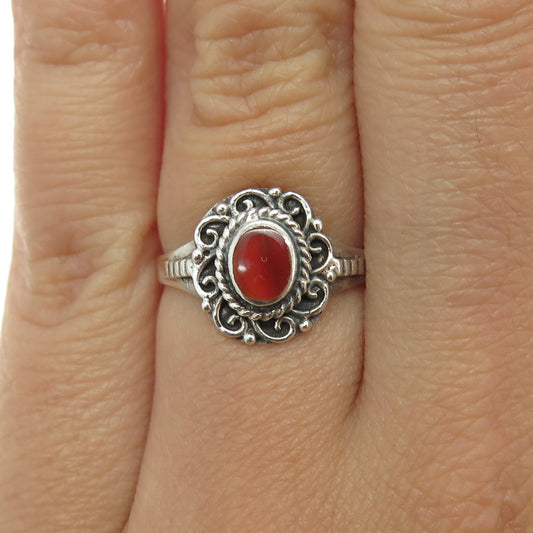 925 Sterling Silver Vintage Real Carnelian Floral Oxidized Ring Size 6.25