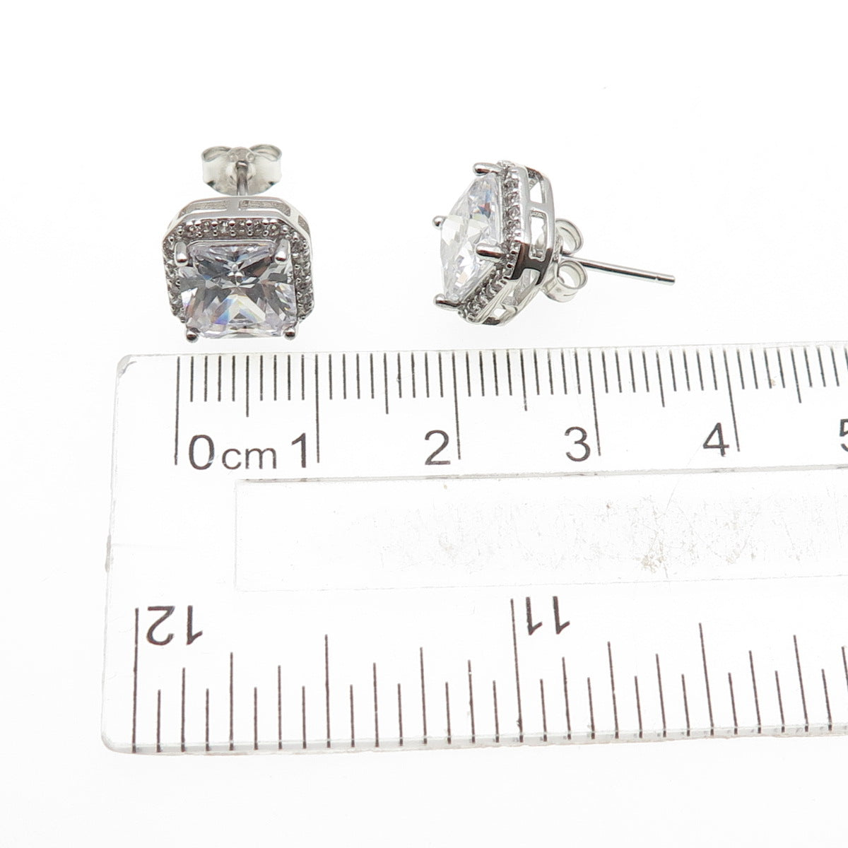 925 Sterling Silver Princess & Round-Cut C Z Stud Earrings