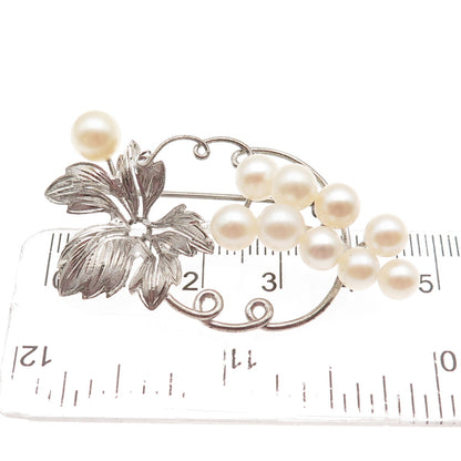 925 Sterling Silver Antique Art Deco Real Akoya Pearl Floral Pin Brooch