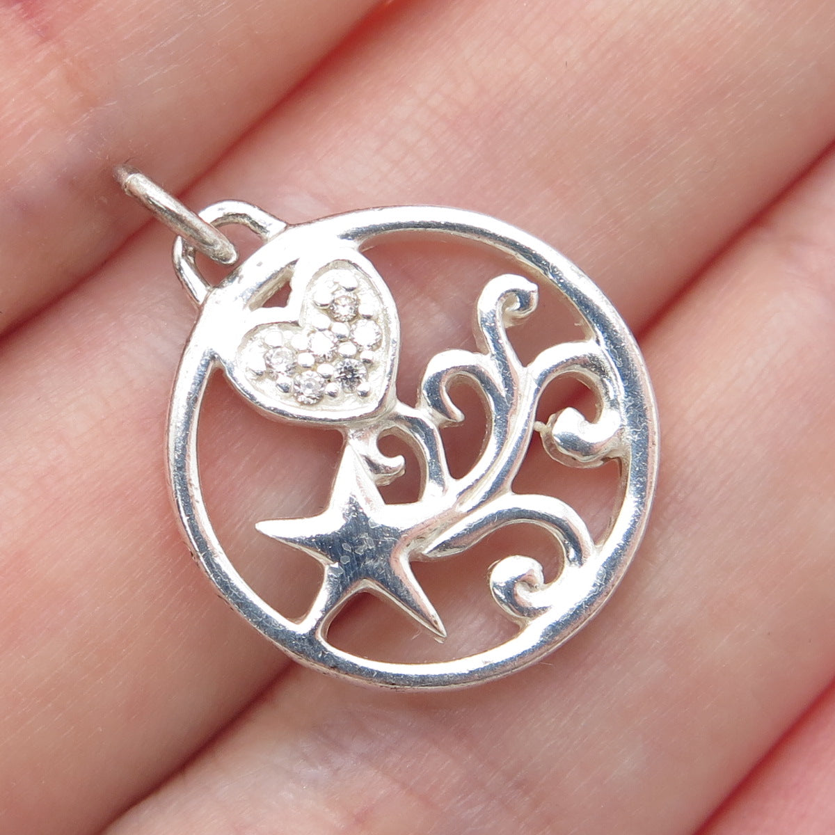 925 Sterling Silver Round-Cut C Z Heart & Falling Star Charm Pendant