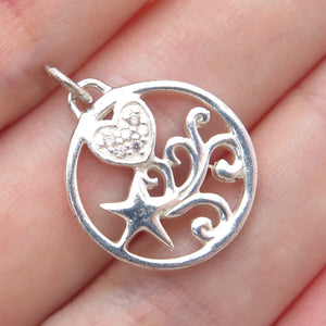 925 Sterling Silver Round-Cut C Z Heart & Falling Star Charm Pendant