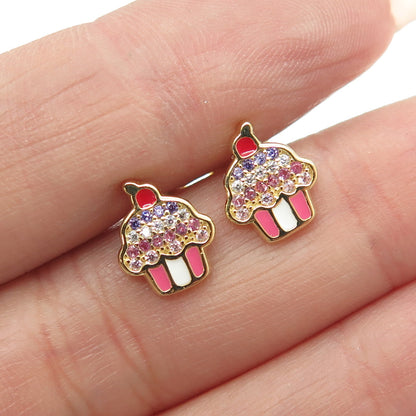 925 Sterling Silver Gold Plated Enamel Multi-Color C Z Cupcake Stud Earrings