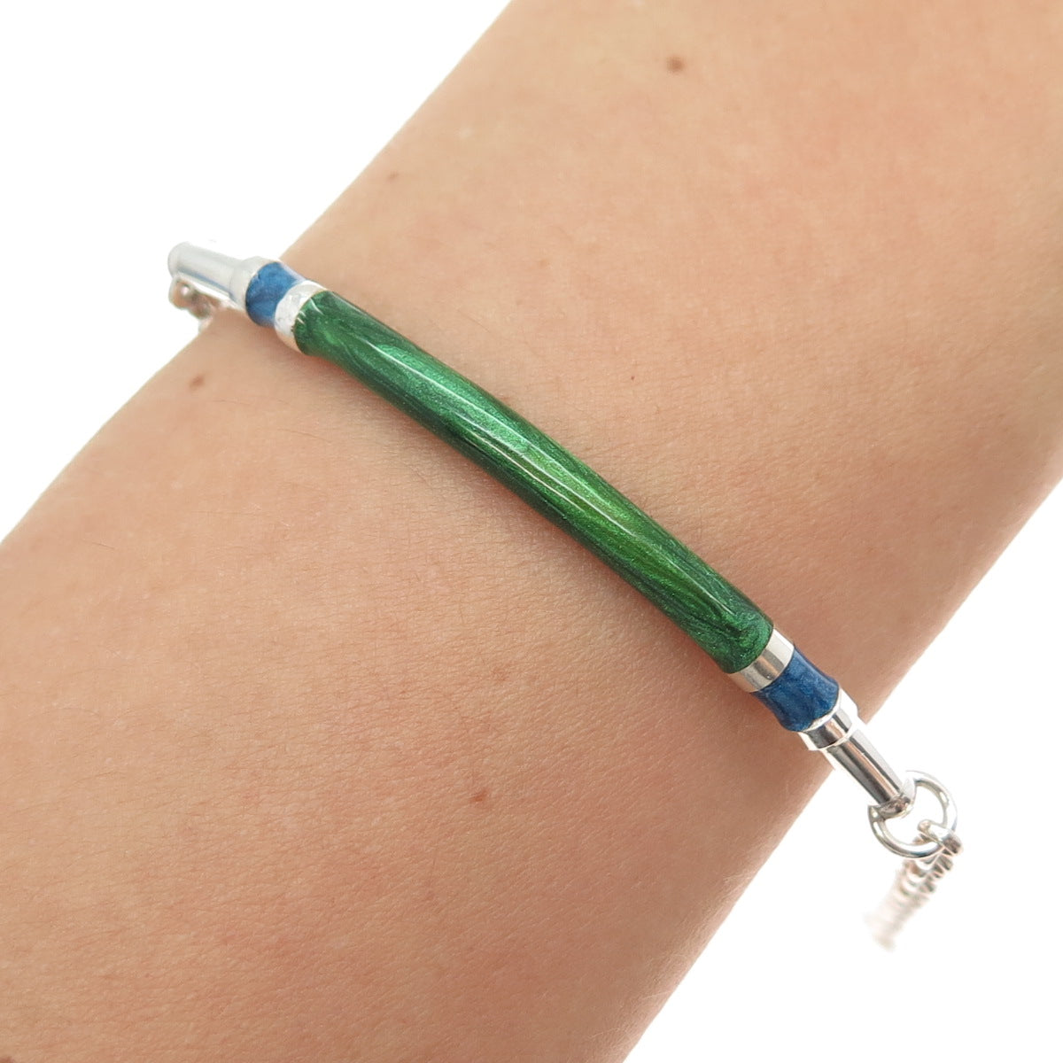 925 Sterling Silver Vintage Enamel Wood Bar Rolo Link Bracelet 6.25"