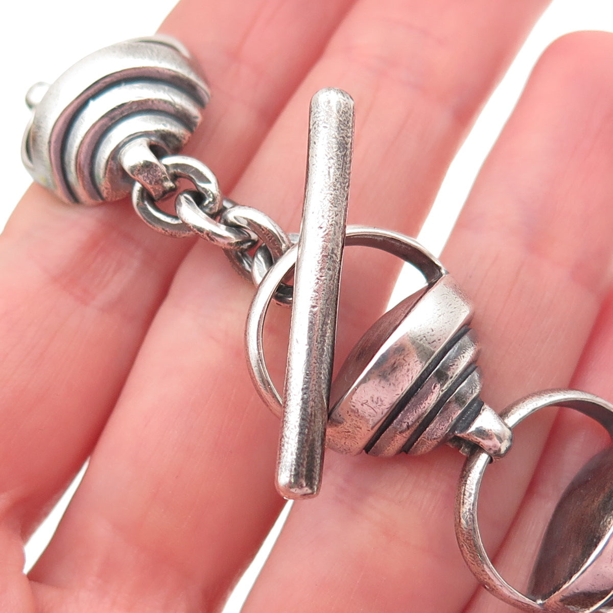 925 Sterling Silver Vintage Heavy 63.6g Modernist Link Oxidized Bracelet 6.5"