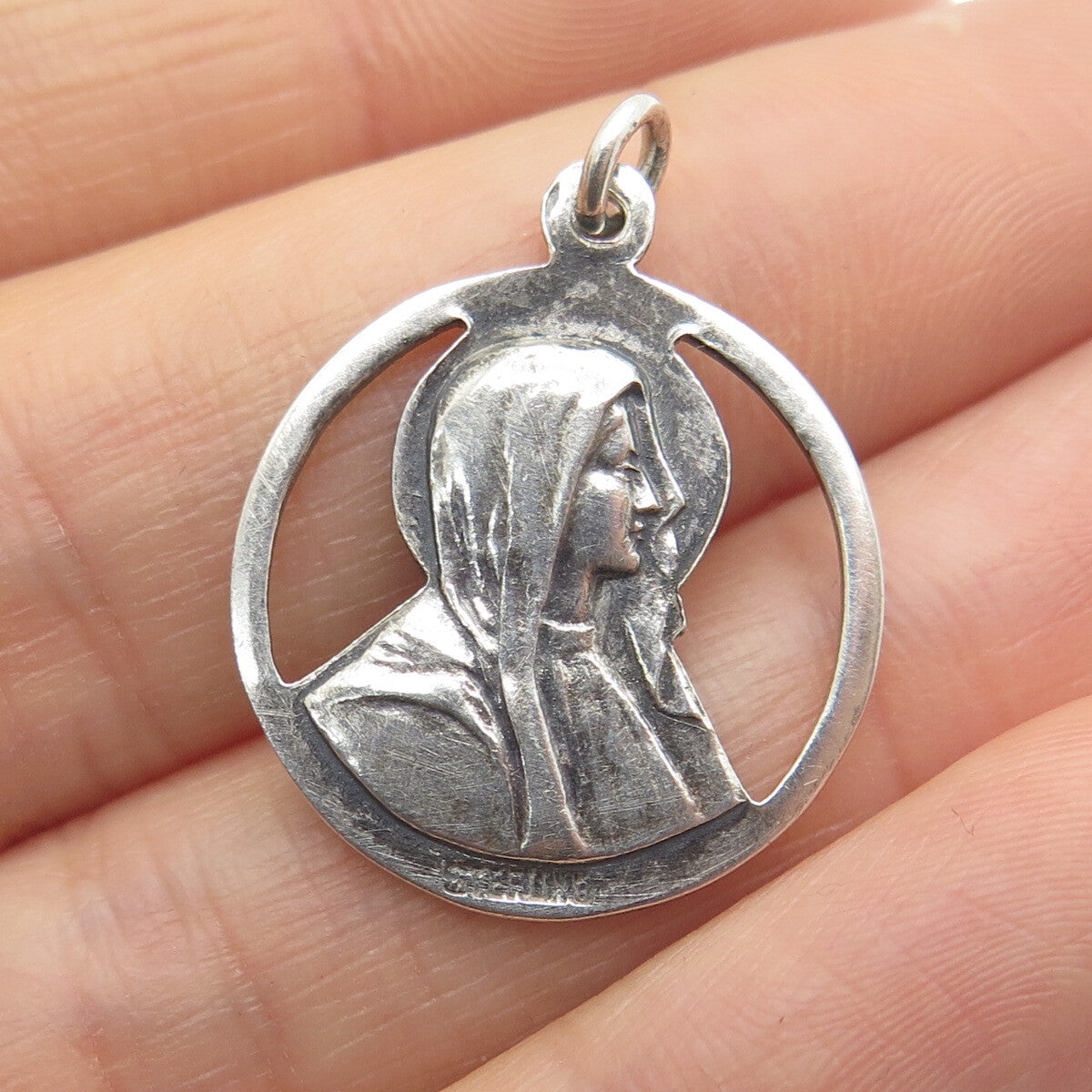 925 Sterling Silver Antique Art Deco Jesus Sacred Heart & St. Mary Charm Pendant