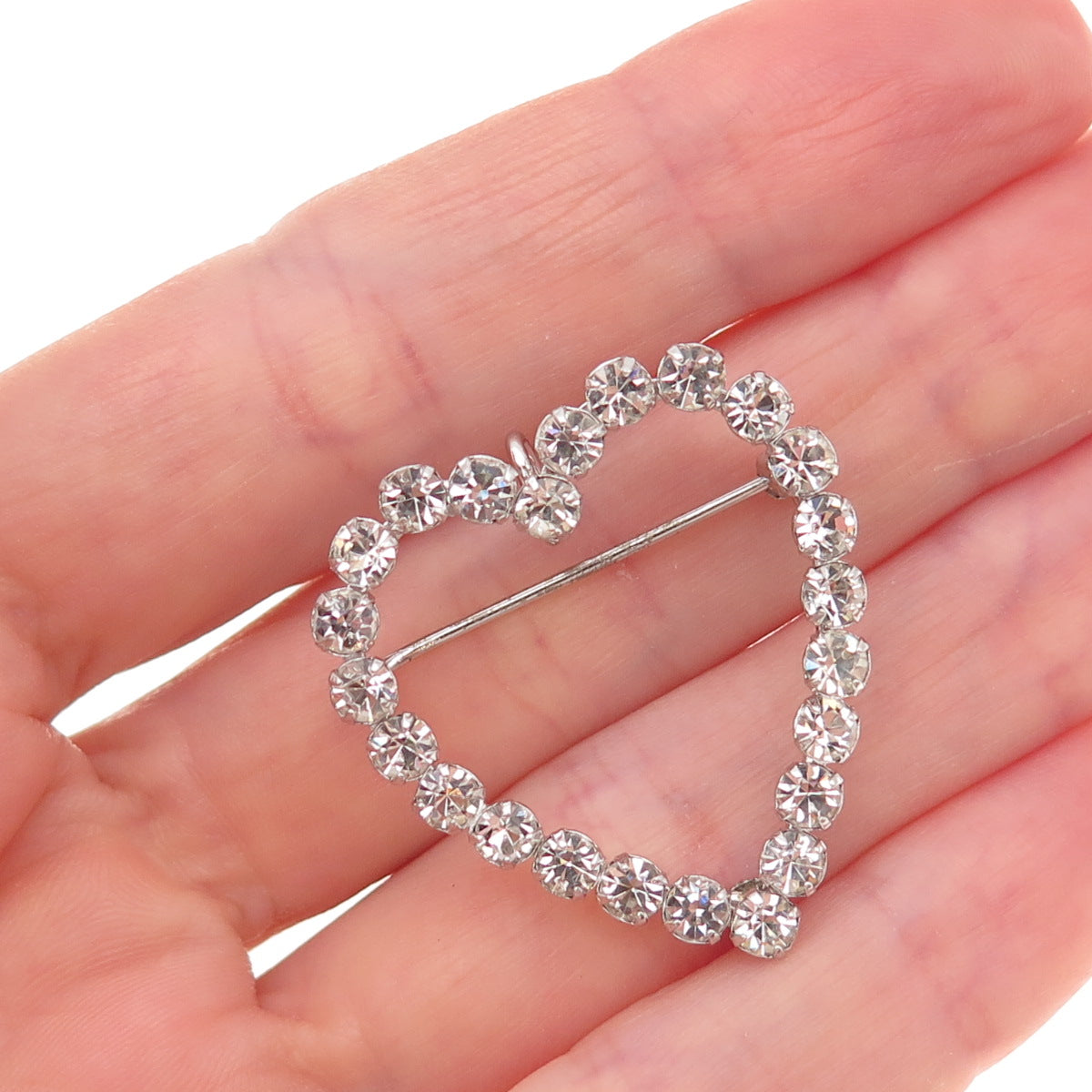 Tru-Kay Sterling Silver Antique Art Deco Rhinestone Heart Pin Brooch / Pendant