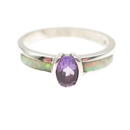 925 Sterling Silver Vintage Real Amethyst & Opal Ring Size 8