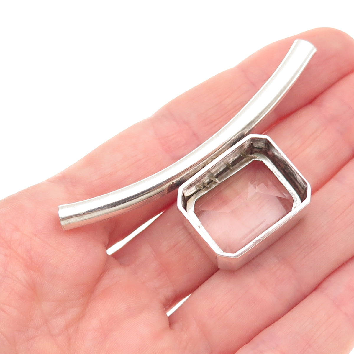 925 Sterling Vintage Real Emerald-Cut Clear Rock Crystal Modernist Slide Pendant