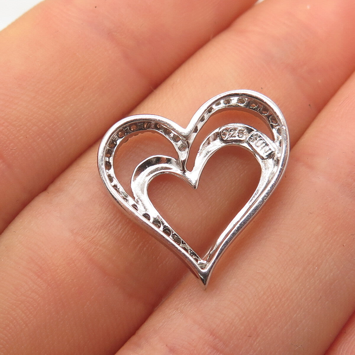 925 Sterling Silver SUN Real White Diamond Open Heart Slide Pendant