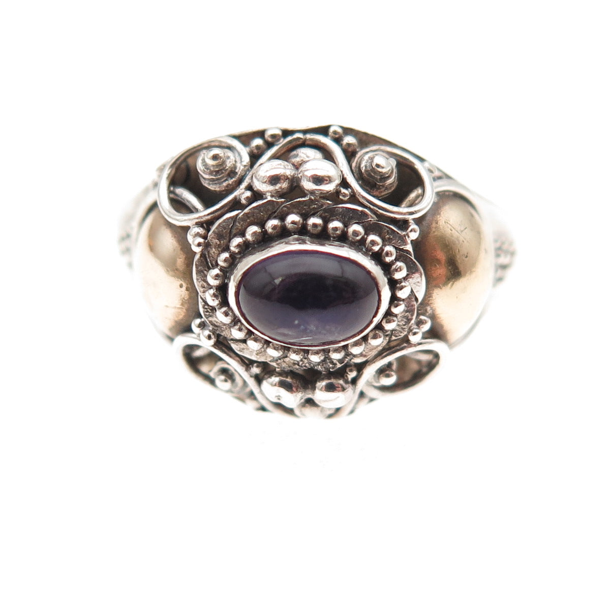 925 Sterling Silver 2-Tone Vintage Real Amethyst Oxidized Ring Size 6.75