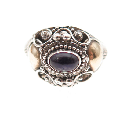 925 Sterling Silver 2-Tone Vintage Real Amethyst Oxidized Ring Size 6.75
