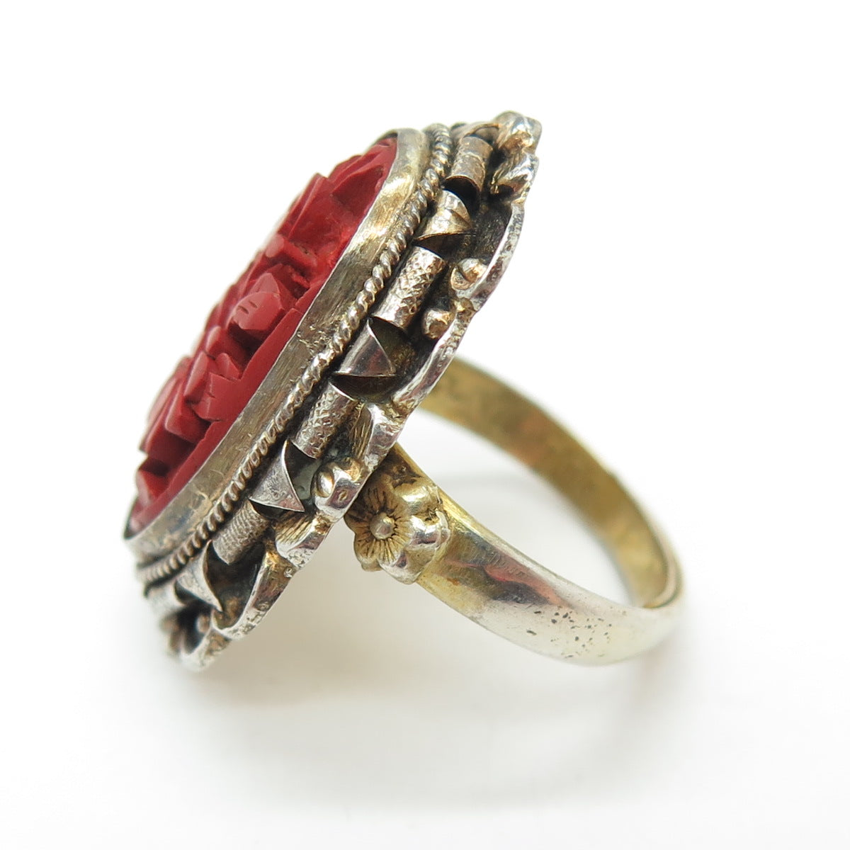 SUNC Sterling Gold Filled Antique China Carved Cinnabar Adjustable Ring Size 5