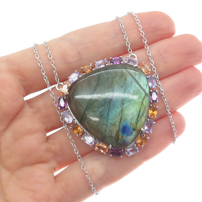 925 Sterling Silver Real Labradorite Tourmaline Citrine Amethyst Necklace 18-20"