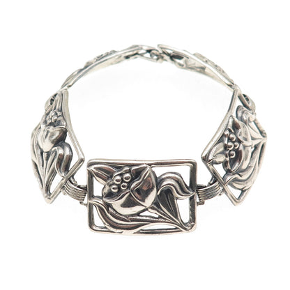 Danecraft Sterling Silver Antique Art Deco Floral Link Oxidized Bracelet 7.25"