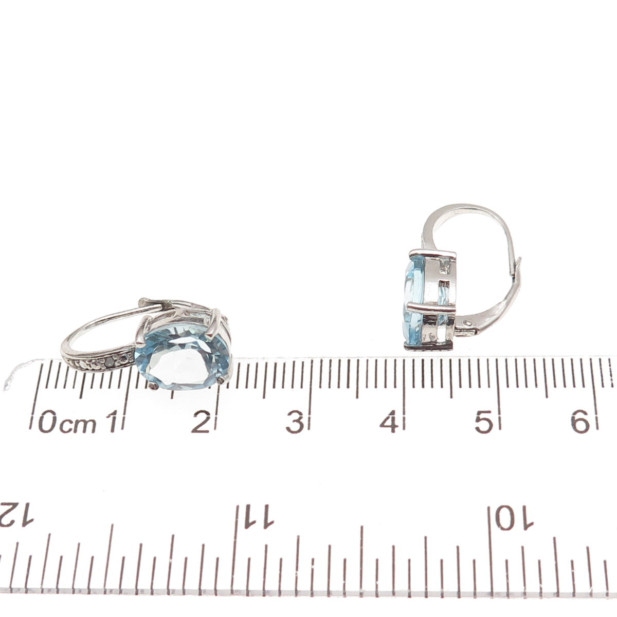 925 Sterling Silver Real Round-Cut Diamond & Oval-Cut Blue Topaz Earrings